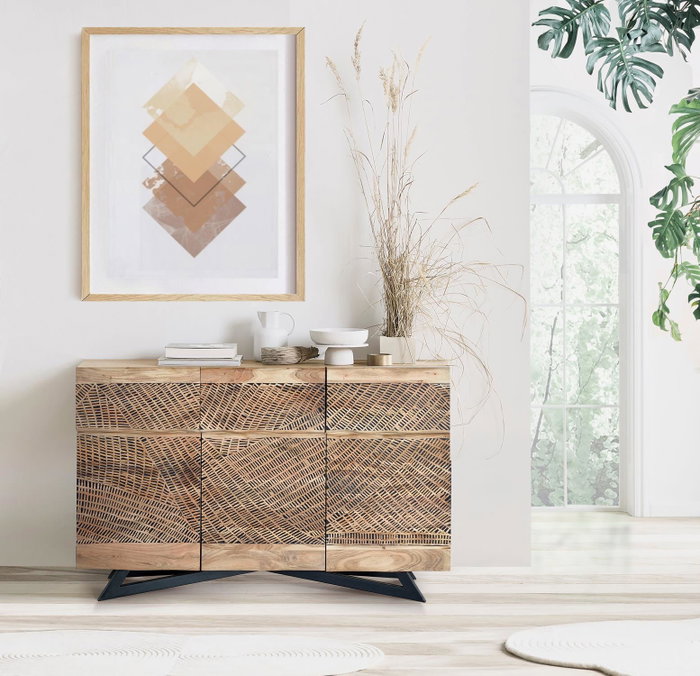 GINER Y COLOMER - Buffet 3 portes et 3 tiroirs en bois d'acacia massif avec patines naturelle et noire, pieds en fer forgé (90x140x40 cm)